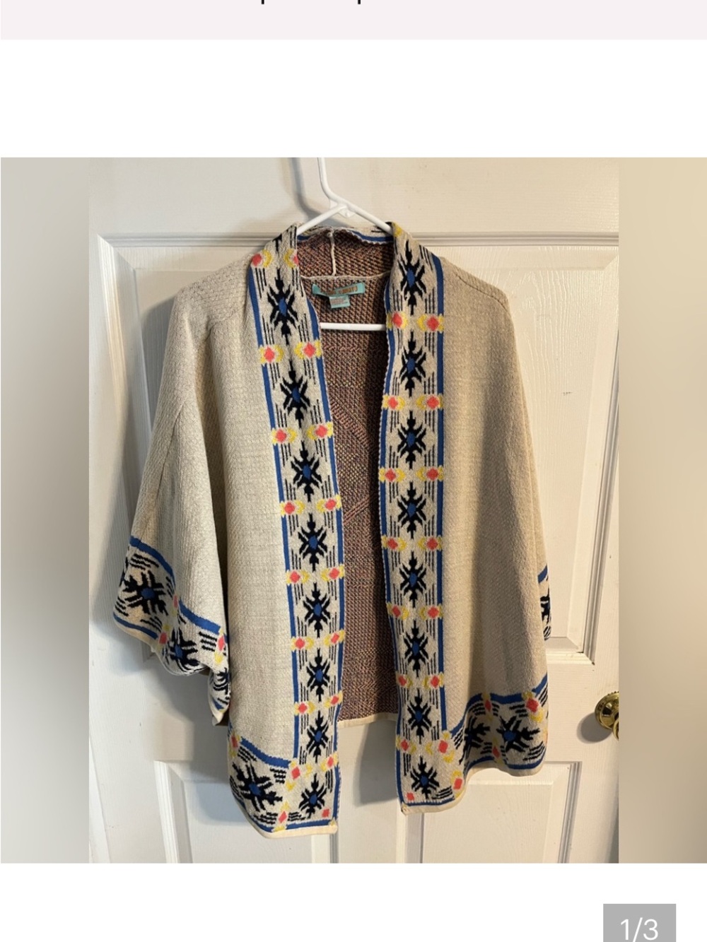 Flying Tomato Cream Open-Front Poncho with Navy & Yellow Pattern